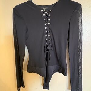 AFRM Black Lace Up Bodysuit Mesh Sleeve Long Sleeve Shoulder Pads Size M